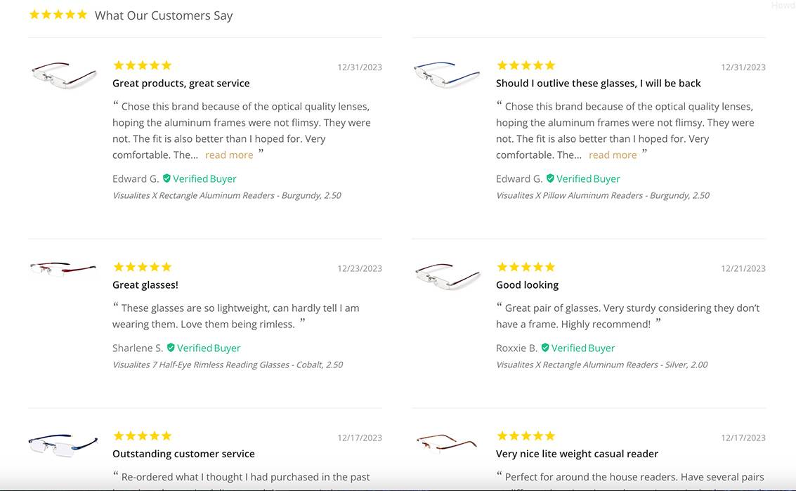 Screenshot of reviews for Visualites Rimless Reading Glasses