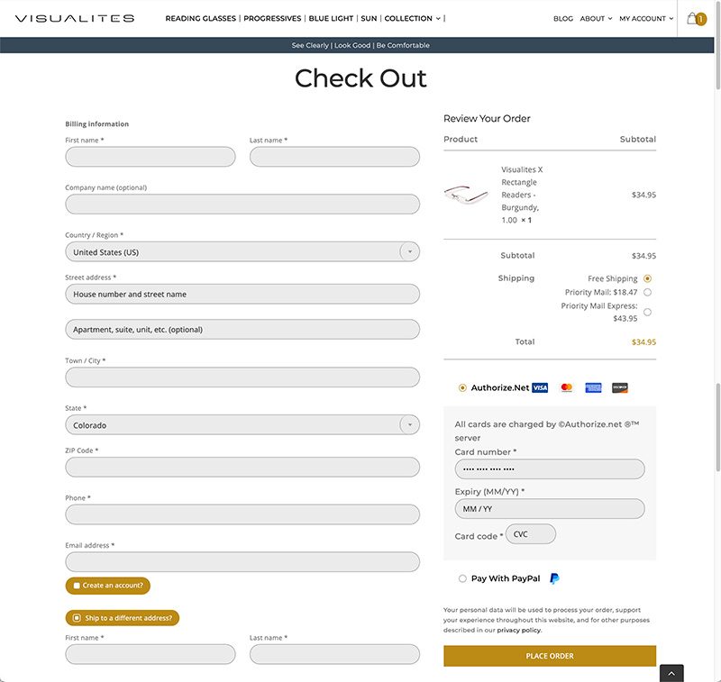Screenshot of Visualites Reading Glasses One Page Checkout On Website